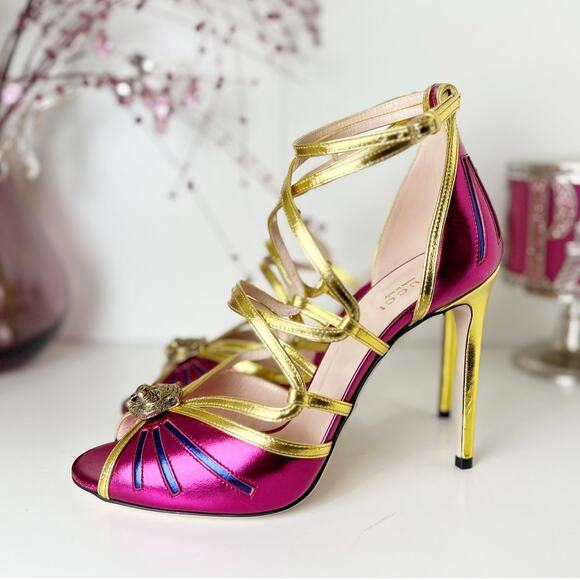 Gucci Tiger Head Metallic Pink Gold Leather‎ Strappy Heels 8.5 NWB Made in Italy - Picture 2 of 16